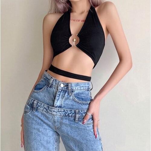 Women’s Fashion Solid Color Vest Sexy Hollow Bandage Exposed Navel Halter Camisole For Camping Birthdays Parties Bars Vacations