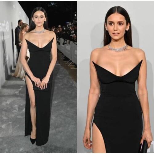 Long Sexy Deep V-Neck Black Celebrity Dresses with Slit Robe De Soiree Floor Length Mermaid Satin Formal Dresses for Women