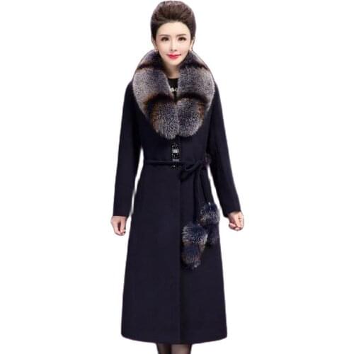 Women Coat Fox Fur Collar Cashmere Wool Coat 2021 Female New Fashion Slim Slimming Long Section Over The Knee New Woolen Jacket