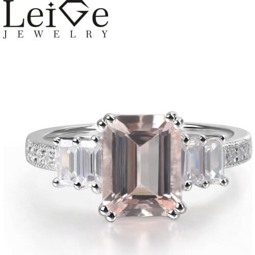 Leige Jewelry Real Morganite Ring Emerald Cut Red Gemstone Prong Setting 925 Sterling Silver for Women Engagement Ring
