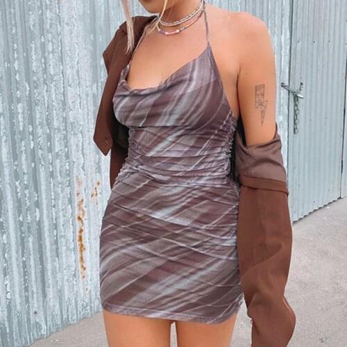 Women Sexy Print Halter Slip Dress Sleeveless Lace Up Bodycon Mini Dress Fashion Club Party Dress Holiday Summer Casual Sundress