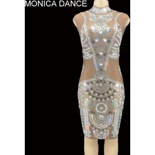 Women Rhinestones Mirrors Mesh See Through Short Dress Birthday Wedding Celebrate Dress Prom Party Outfit Singer Sexy Stage Wear