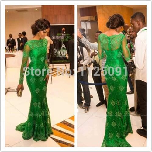 New Arrival Red Carpet Miss Nigeria Mermaid Green Lace Celebrity Dress Elegant Long Sleeves Evening Dresses Custom Made