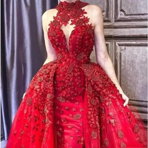 Abiye Red Evening Dress Removable Tail Custom Made Elegant Long Evening Gown Arabic Formal Dresses Appliques Robe de soiree