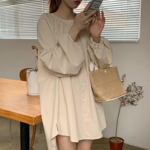 2021 Vintage Women Spring Loose Straight Short Shirt Dress Lantern Sleeve Round Collar Mini Dresses