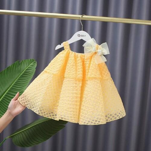 2021 Summer Thin Children Princess Lovely Dress Yellow Fresh Suspender Dresses With Bow Mini Little Dress
