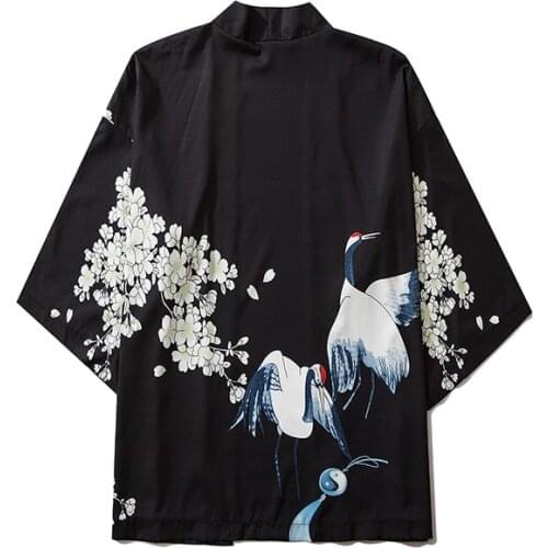 2021 Summer Women Chinese Style Black Kimono Yukata Casual Crane Print Traditional Kimonos Men Japanese Robe Clothing V2020