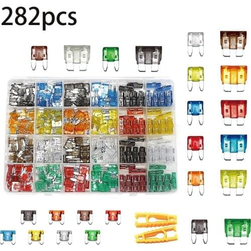 282Pcs boxed car fuse 2A 3A 4A 5A 7.5A 10A 15A 20A 25A 30A aluminum medium/small/zinc mini blade fuse and plug-in tool kit