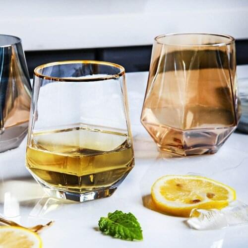 Glass Wine Glasses Cocktail Beer Mug Geometry Hexagonal Colored Crystal Cup Coffee Milk Juice Mug Reusable Non-Slip Water Cup