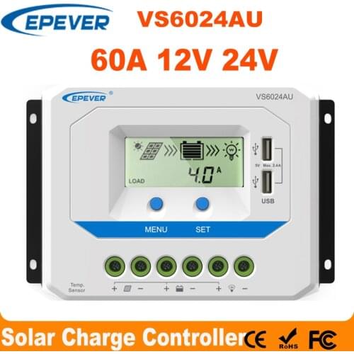 EPEVER 60A Solar Controller 12V 24V Auto VS6024AU PWM Charge Controller with Built in LCD Display and Double USB 5V Port EPsolar