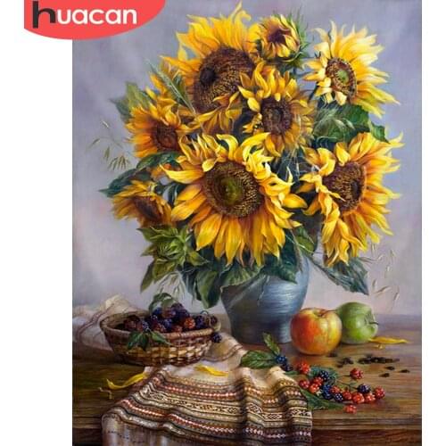 HUACAN Embroidery Sunflower Kits Cross Stitch Flower Set Needlework White Canvas DIY Home Decoration 14CT 40x50cm