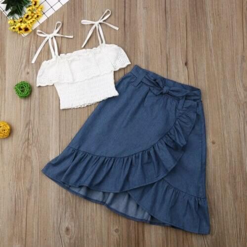 Princess Kids Baby Girl Lace Ruffles Strap Crop Tops Denim Skirt 2PCS Girls Clothes Outfit Sunsuit Set