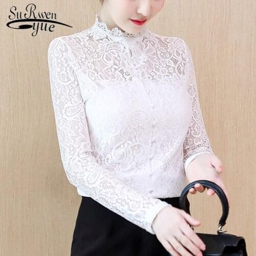 2021 New Fashion Solid Elegant Women Tops Lace Hollow Slim Women Blouses Casual Women Clothing Long Sleeve O-neck Autumn 6151 50