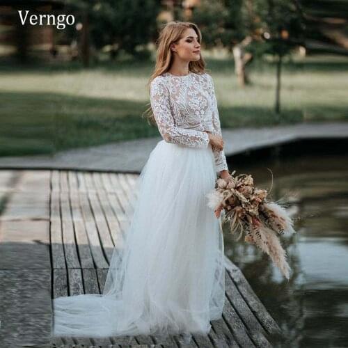 Verngo Vintage Beach Two Pieces Wedding Dress Boho Long Sleeves Lace Top Nude Lining Tulle Skirt Country Bridal Gowns Plus Size