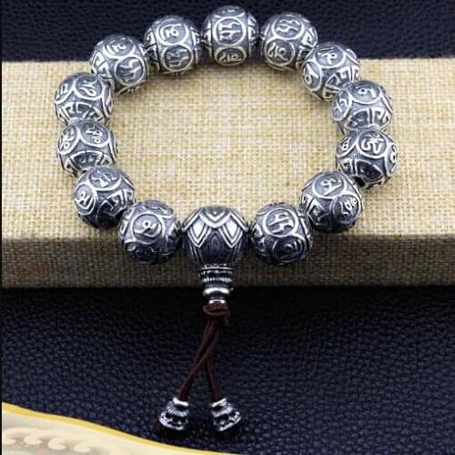 Handmade 100% 990 Silver Tibetan Six Words Proverb Beads Bracelet Pure Silver Tibetan Wrist Mala Buddhist Mantra Bracelet