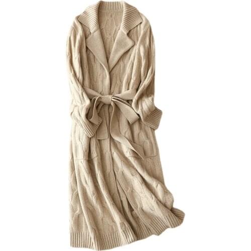 SHUCHAN 100% Cashmere Knitted Long Cardigan Women Luxury Thick Winter Warn Pockets Belt Front Tie Cardigan Korean Fashion