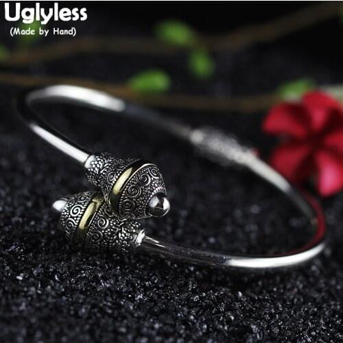 Uglyless Ethnic Real Silver Balls Open Bangles for Women Thai Silver Vintage Bangles Real 925 Sterling Silver Fine Jewelry BA691