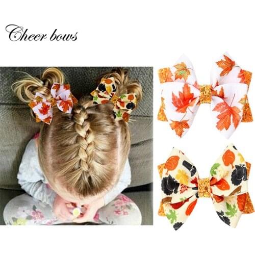 Cheer Bow 3" Easter Hair Bows Clips Double Layer Maple Leaf Print Hairgrips For Girls Kids Children Cute Pins Hair Accessories