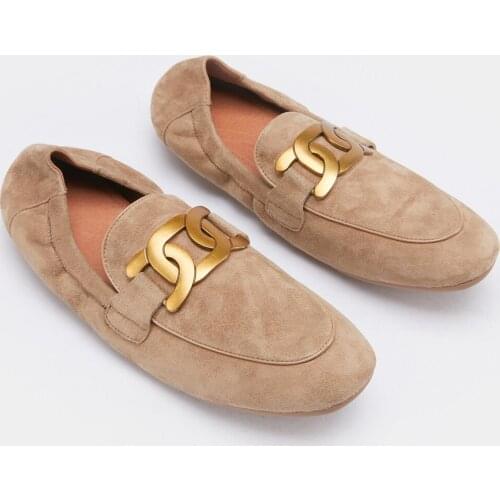 Womens natural suede leather round toe slip-on flats loafers chain fringe casual espadrilles daily ballerinas moccasins shoes