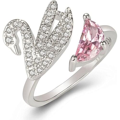 Chic Swan Design Pink Crystal Zircon Diamonds Gemstones Open Rings for Women White Gold Color Fashion Jewellery Bijoux Gifts