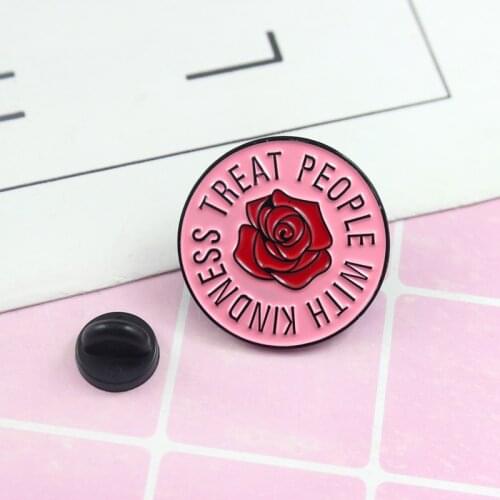 Winter New Arrival Brooch In Shape Of Round Printed With Rose And Words Treat People With Kindness Warming Gift For Friend