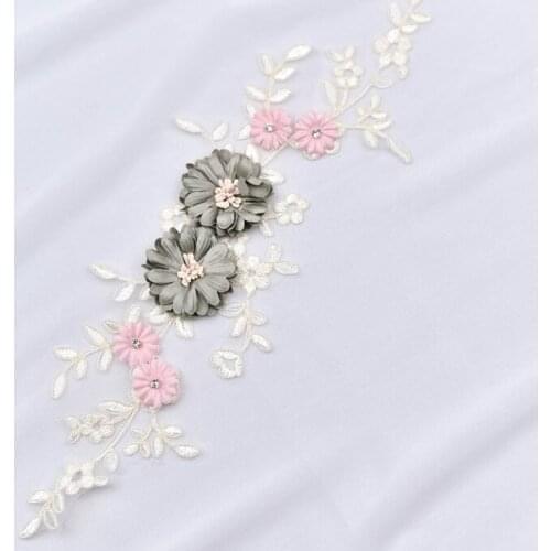 1 Piece 3D Embroidered Lace Neckline Flower Bead Applique Lace Collar Trim DIY Rhinestone Dress Craft Material Accessories