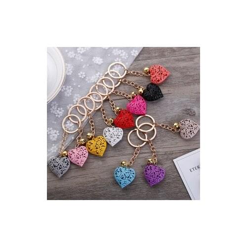 10pcs Mixed Colors Hollow Lace Heart Bell Pendant Keychains Women Key Chains Rings Car Bag Keyring Holder Charm Accessories