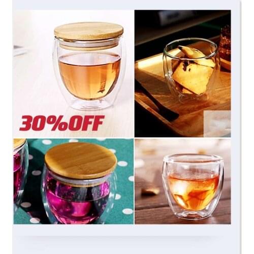 2018 New Arrival 250ml/350ml/450ml Double Layer Wall Clear Glass Tea Cup + Bamboo Lid Set Glass Coffee Tea Milk Insulation Mug