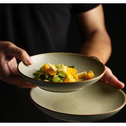 8-inches Japanese-style Ceramic Deep Plate Retro Dinner Plate Home 9-inch Breakfast Western Dessert Plate Restaurant Tableware