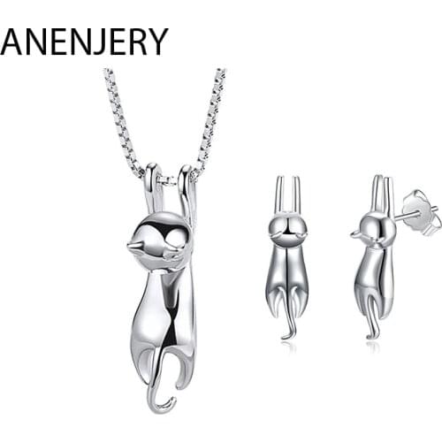 ANENJERY 925 Sterling Silver Jewelry Sets Lovely Animal Cat Necklace+Earrings For Women Girl Gift