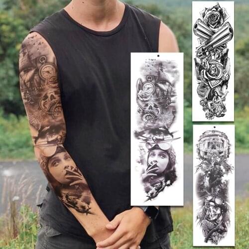 Flying Airplane Warrior Temporary Tattoos Sleeves For Men Women Adult Skull Compass Rose Fake Tattoo Full Arm Tattos Stickers
