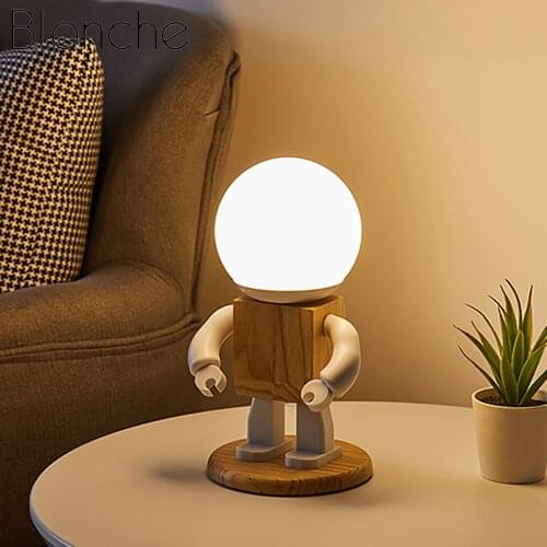 Cute Robot Table Light Nordic Modern White Wood Table Lamp LED Kids Baby Girl Boy Children Bedroom Bedside Mini Night Lights