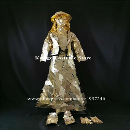 BV8 Party model wears gold mirror costumes stage mirror glass dress dj sparkly outfit robot women suit mirror hats rave wears ds