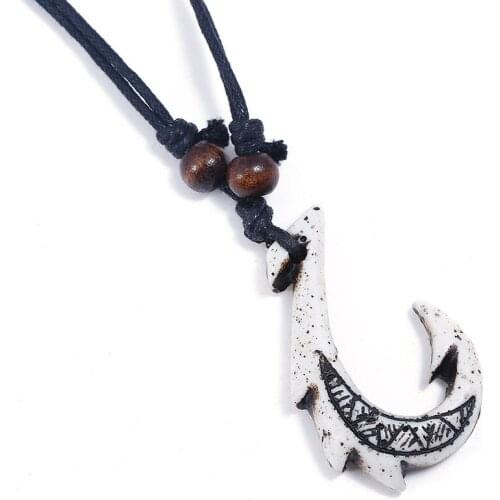 Fashion Vintage Men Long Chain Necklace Adjustable Black Leather Wax Cords Moon Wishful Hook Pendant Choker Casual Retro Jewelry