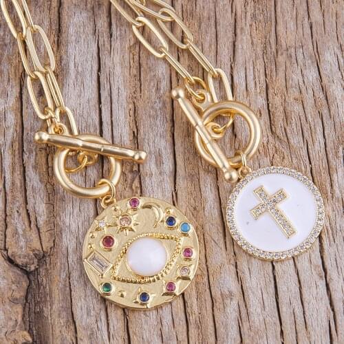 RH Fashion Bohemian Jewelry Accessory Links Micro Zircon Pave Cross Pendant Boho Necklace Gift