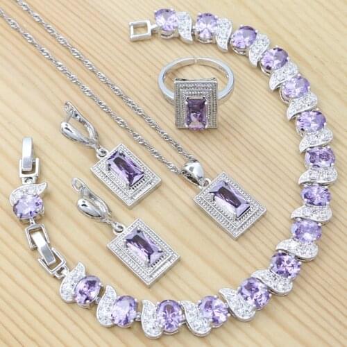 925 Sterling Silver Jewelry Set for Women Square Amethyst Open Ring Pendant Chain Earrings Bracelet Engagement Jewelry