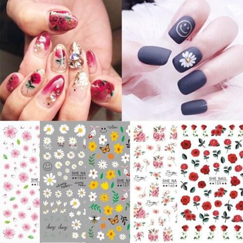 New Flower Nail Sticker Art Pink Rose DIY Nail Adhesive Colorful Beautiful Flowers Nail Art Decorations Designs Tool Manicure