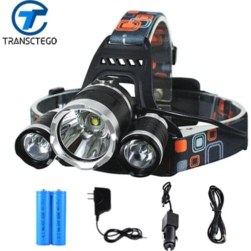 TRANSCTEGO 3 LED Headlamp Rechargeable Head Light Flashlight Waterproof Fishing Lights Portable Multi-function T6 18650 Battery