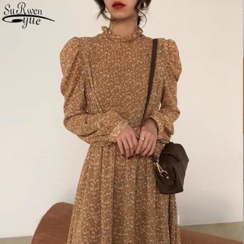 2021 Vintage Stand-Collar Ruched Sleeve A-line Dress Women Floral Printed Elastic Waist Female Dress Autumn Vestidos Femme 11453