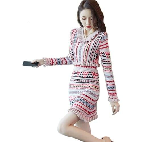 New Fashion Knit Dress Women 2019 Spring Autumn Striped Print Dress Pullover Sweater Female Slim Ruffle Elegant Mini Dress H727