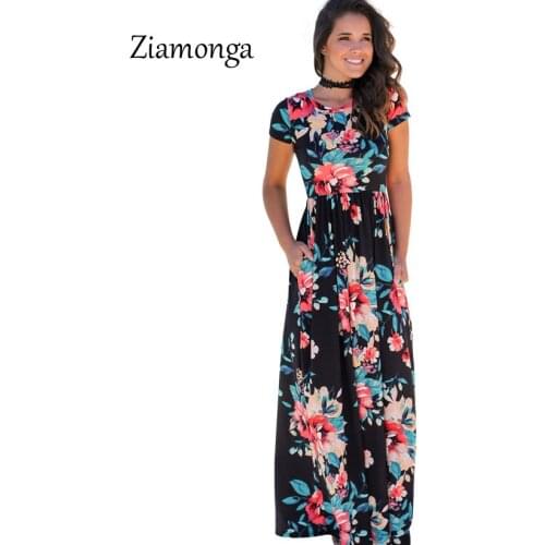 Ziamonga High Quality Casual Dress 2019 Plus Size Fashion Floral Print Long Maxi Dress Women Summer O-Neck Elegant Tunic Vestido