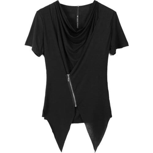 Irregular hem design nightclub DJ singer punk rock long t shirt stage costume mens harajuku hip hop zipper tee shirts streetwear