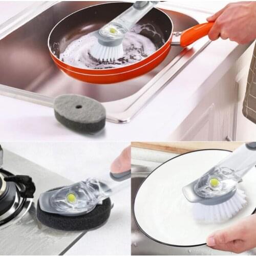 Double Use Kitchen Cleaning Brush Scrubber Dish Bowl Washing Sponge With Refill Liquid Soap Dispenser Kitchen Pot Cleaner Tool