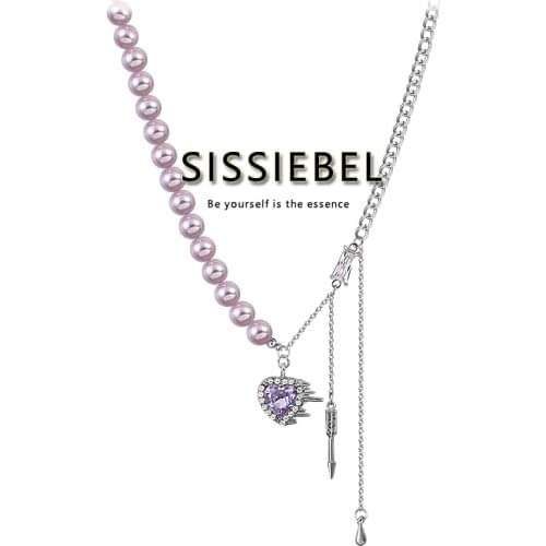 European and American Exaggerated Design Purple Artificial Pearl Heart Pendant Stainless Steel Necklace Fashion Jewelry For Girl