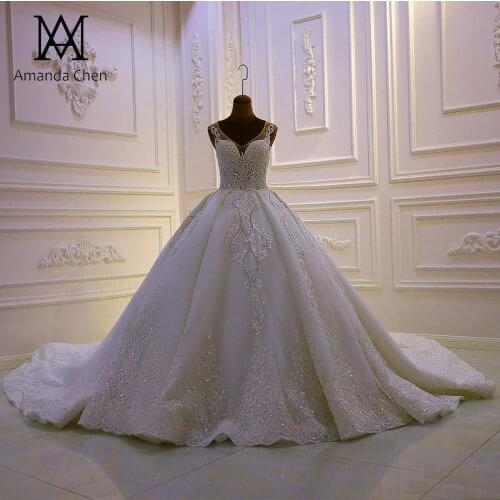 Robe de mariee Cap Sleeve Lace Appliques Crystal Wedding Dress