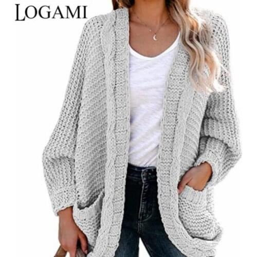 LOGAMI Twist Woman Sweaters Pockets Autumn Loose Casual Cardigan Women Coat