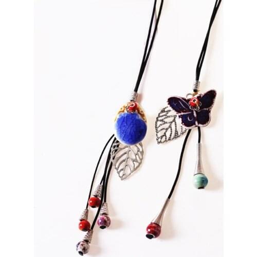 Fashion Ethnic Style Ceramic Necklace Handmade Porcelain Beads Wax Rope Sweater Necklace For Women Girls Gift
