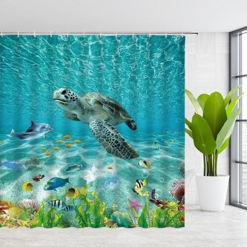 Sea Turtle Shower Curtains Ocean Animal Turquoise Underwater World Color Fish Dolphin Seaweed Bathroom Polyester Cloth Curtain