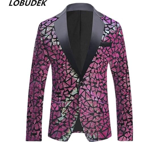 Mens Singer Host Glitter Sequins Suit Jacket Pink Purple Blue Gold Lace Velvet Formal Slim Fit Coat Wedding Party Blazers