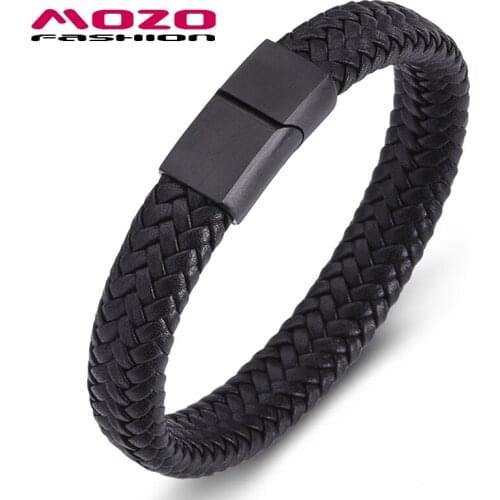 Punk Men Jewelry Black Braided Leather Bracelet Stainless Steel Magnetic Clasp Fashion Bangles PS2158